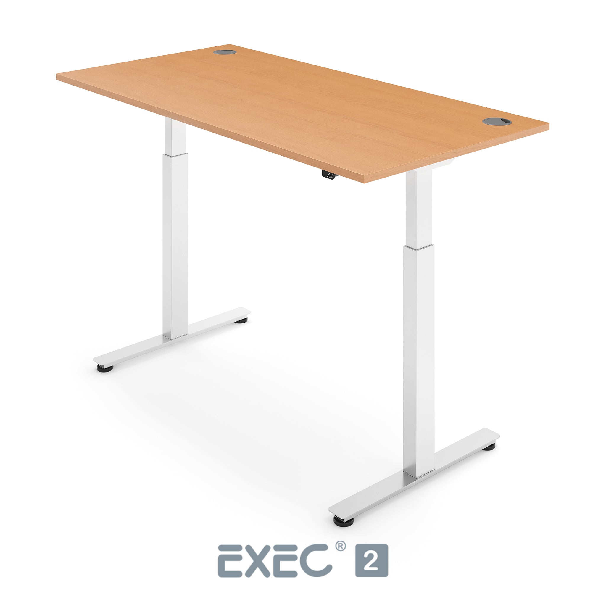 beech height adjustable desk with white frame