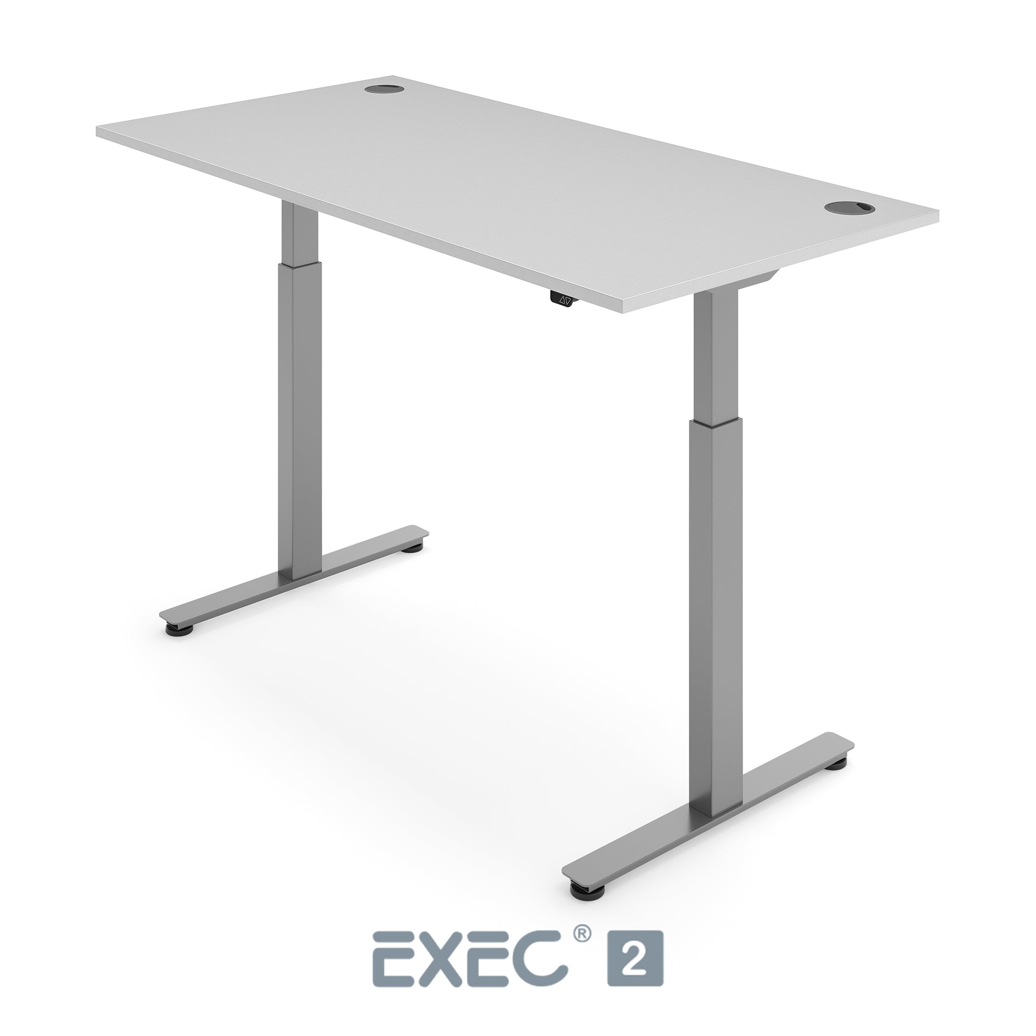 light grey height adjustable desk with silver frame