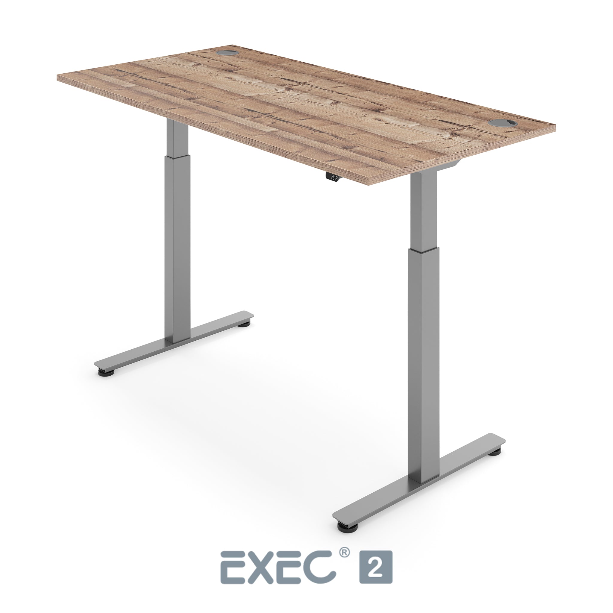 timber height adjustable desk with silver frame