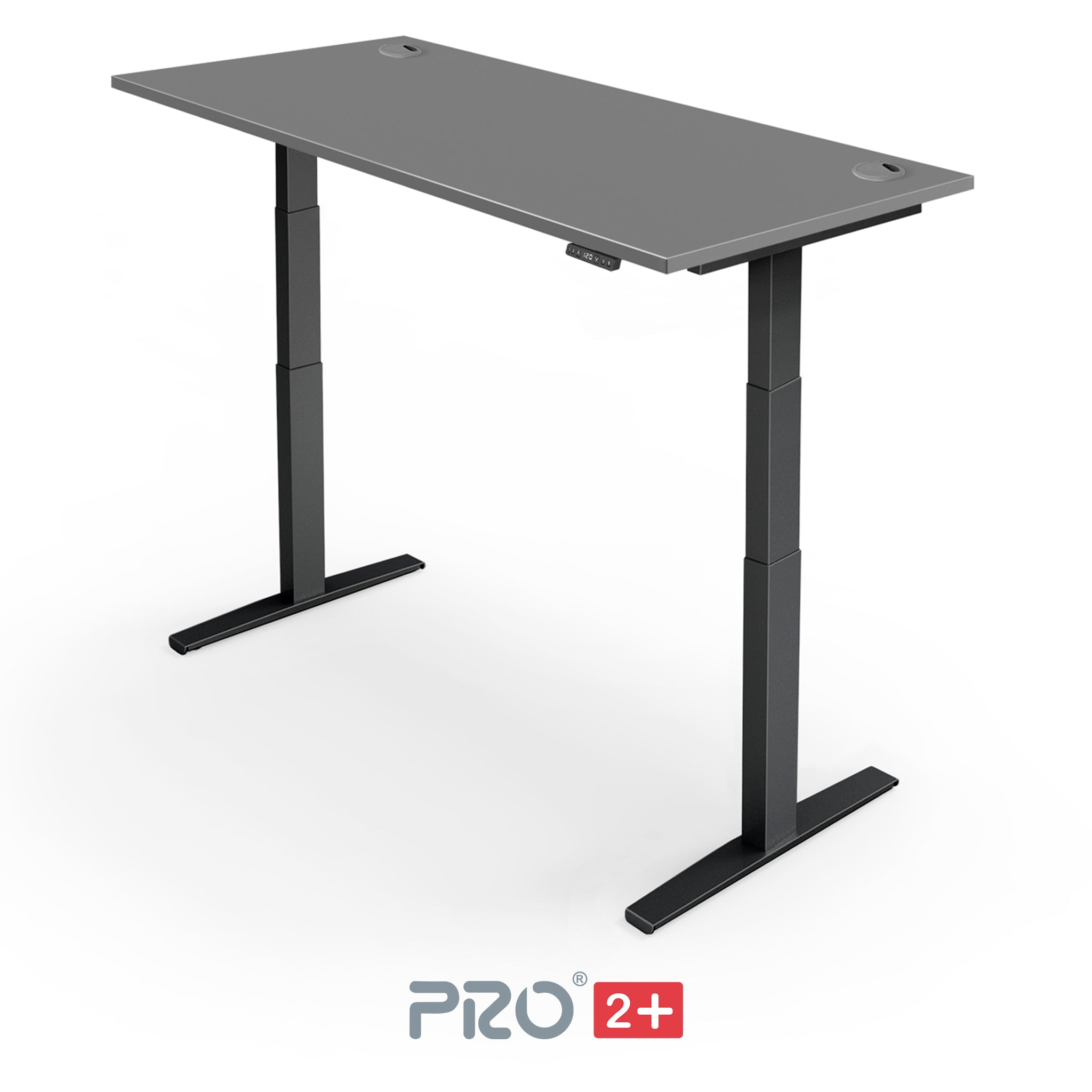 dark gray height adjustable desk with black frame