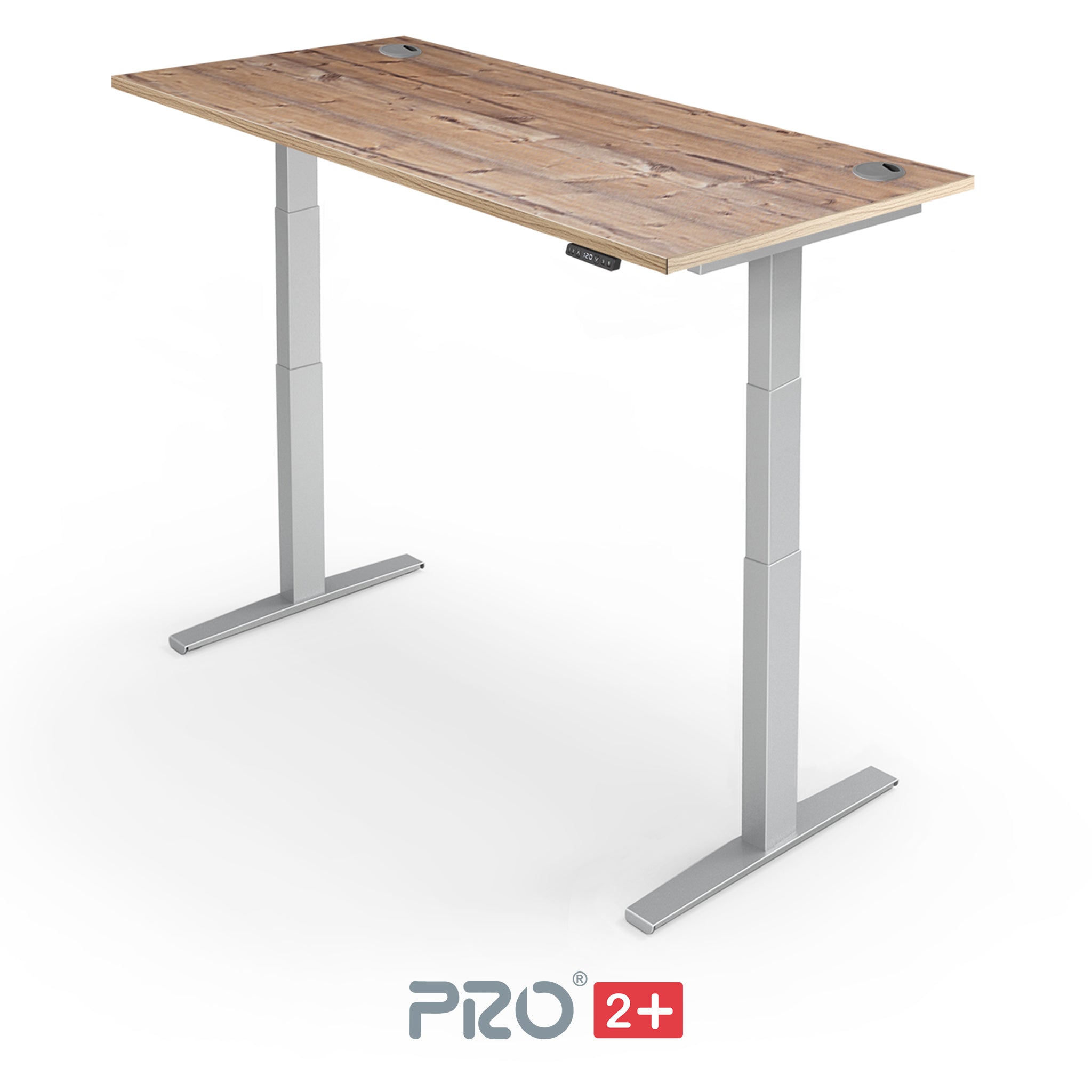 timber height adjustable desk with silver frame
